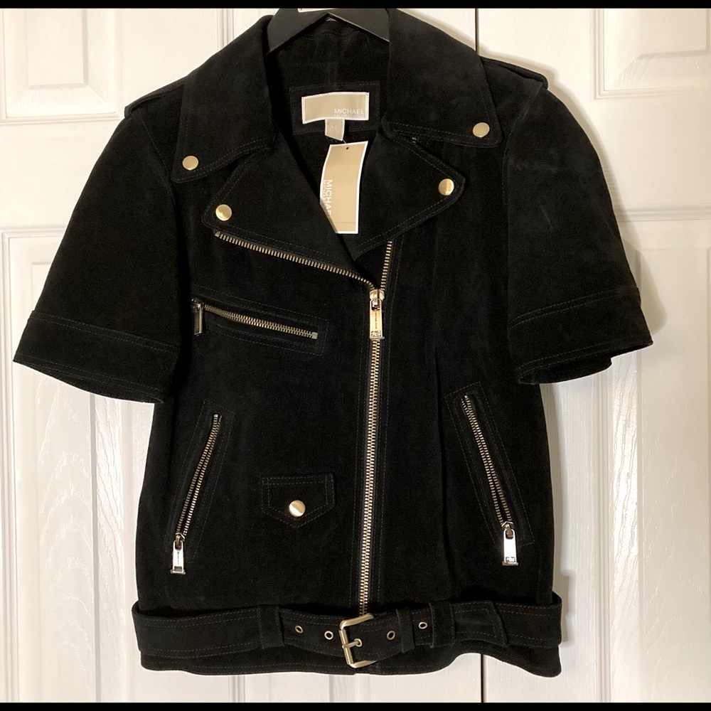 Brand New MICHAEL KORS Suede Leather Short-Sleeve Moto Jacket